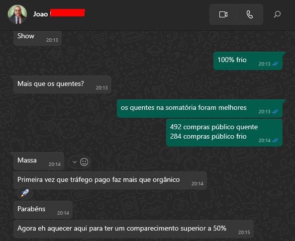 Conversa de WhatsApp em que o cliente escreve: Primeira vez que tráfego pago faz mais que orgânico