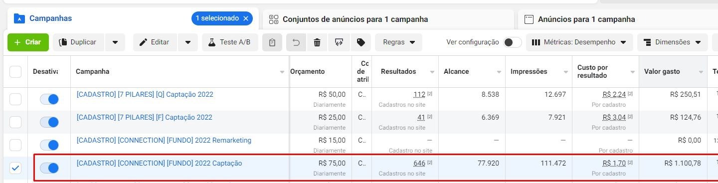 Gerenciador de anúncios, campanha otimizada: 646 cadastros a R$ 1,70
